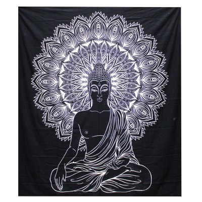 Schwarz-weiße Tagesdecke (Doppelbett) – Buddha